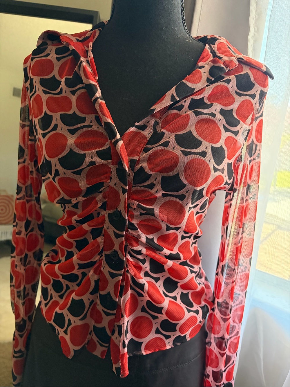 Zara Red & Black Printed Ruched V-Neck Long Sleeve Top